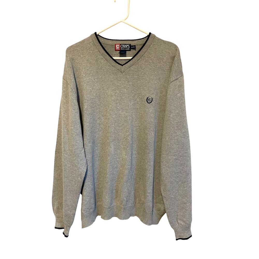 Chaps Ralph Lauren Vintage Cotton V-neck Pullover Sweater Gray Blue Y2k XL